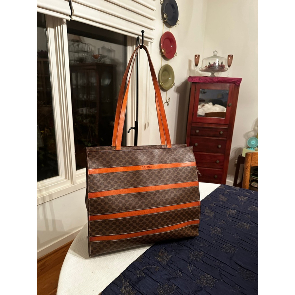 Celine Brown Macadam Monogram Orange Stripe Tote Bag - Picture 2 of 16